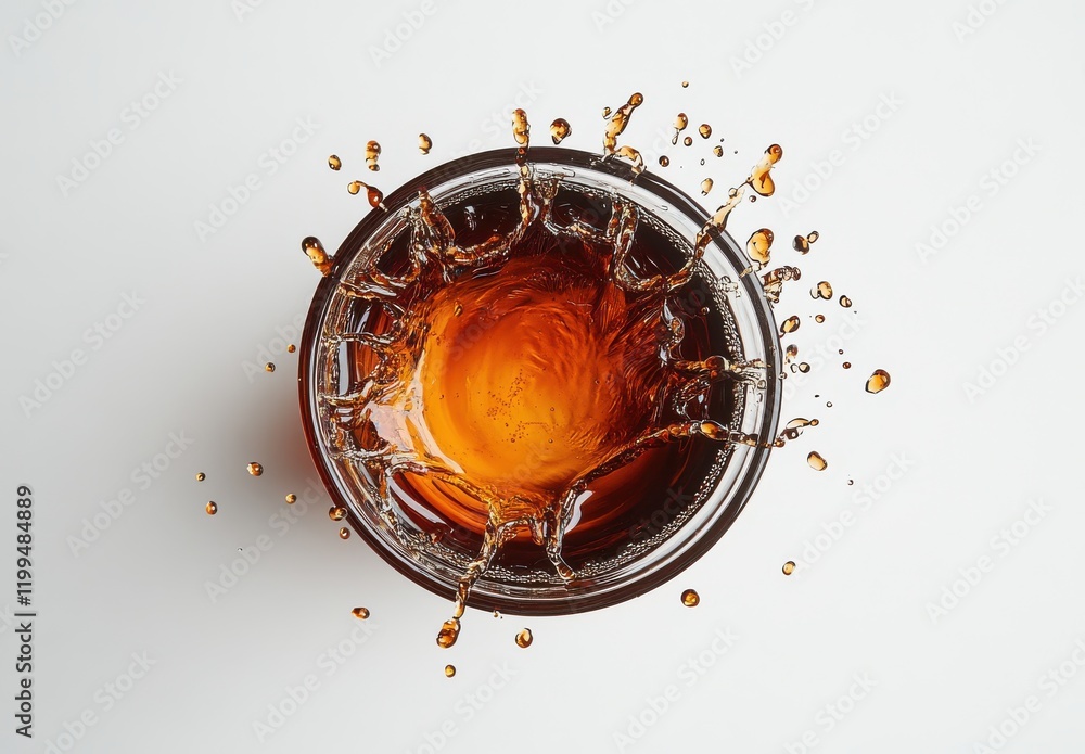 Poster aerial view of a glass filled with brown liquid creating splashes in water with abstract motion on a