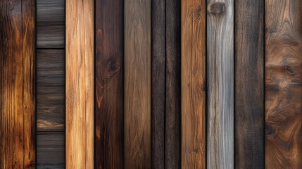 A collection of wooden planks with varying shades and textures creates a rustic wall panel