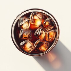Aerial View of a Glass Filled with Dark Beverage and Ice Cubes Casting Shadows on a Light Surface in a Minimalist Style