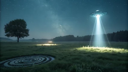 Poster Mysterious night scene with glowing ufo light beam and crop circles.