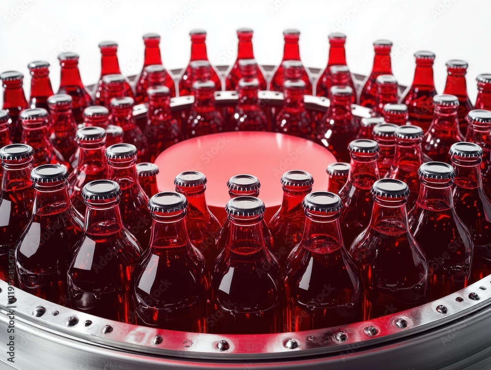 Poster alternative soft drink arrangement with glass bottles in a circular pattern on a reflective surface 