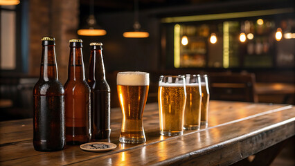 American craft beer week celebration with a collection of craft beers on rustic table.