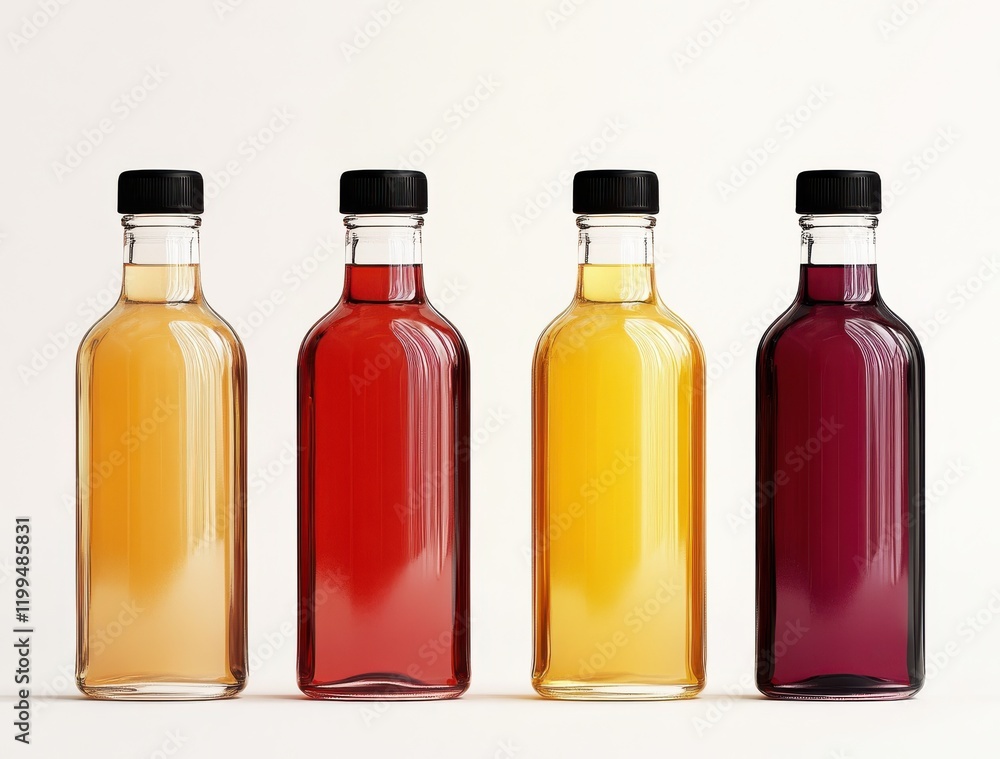 Poster assorted glass bottles displaying colorful beverages in a minimalist style against a neutral backgro