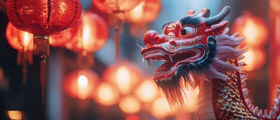 Colorful dragon decoration in a vibrant festival setting filled with lanterns and celebrations