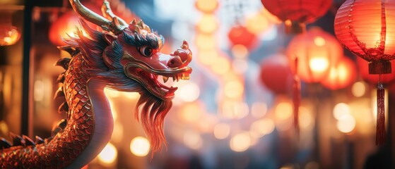 Obraz premium Colorful dragon decoration in a vibrant festival setting filled with lanterns and celebrations