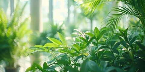 Obraz premium A variety of green plants in a bright, airy room, creating a tranquil and natural environment.