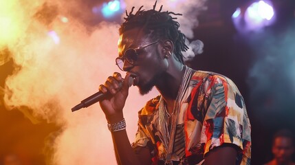 Rapper passionately performing on stage with vibrant lights and smoke, embodying summer festival energy.
