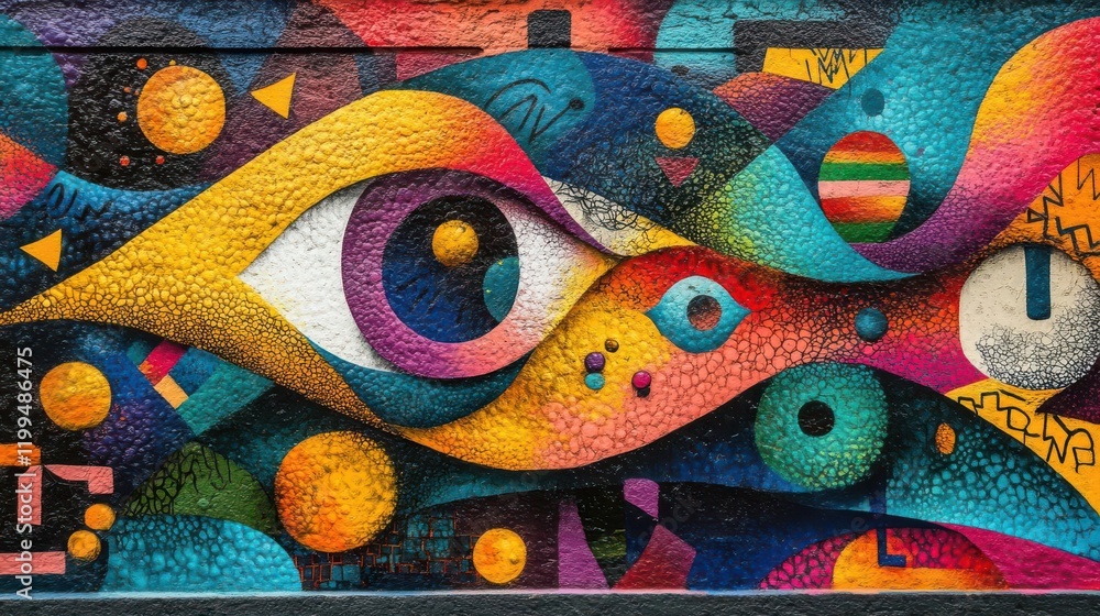 Poster a vibrant mural featuring an abstract eye design, surrounded by colorful geometric shapes and patter