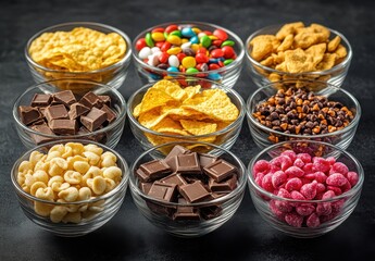Assorted Snacks in Clear Bowls on Dark Background Featuring Chocolates, Chips, Candy, and Popcorn for Perfect Party or Event Treat Display