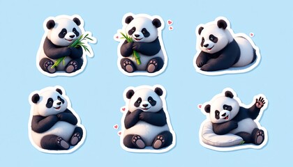 Fototapeta premium Adorable Panda Bear Stickers Six Cute Poses