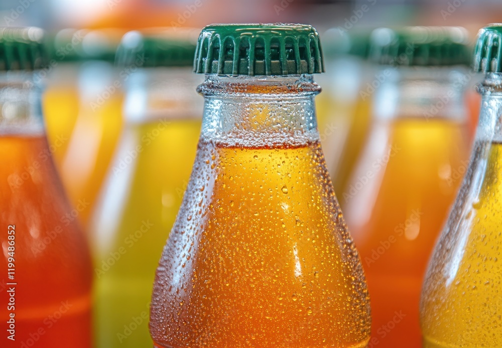 Poster assortment of colorful bottled beverages with refreshing bubbles against a bright background for a v