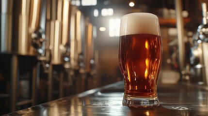 A pint of amber beer with foam in a brewery setting, symbolizing craft beer education.