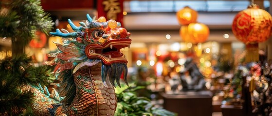 Colorful dragon decoration in a vibrant festival setting filled with lanterns and celebrations