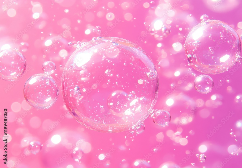 Poster beautiful and iridescent soap bubbles floating against a soft pink background with glowing highlight