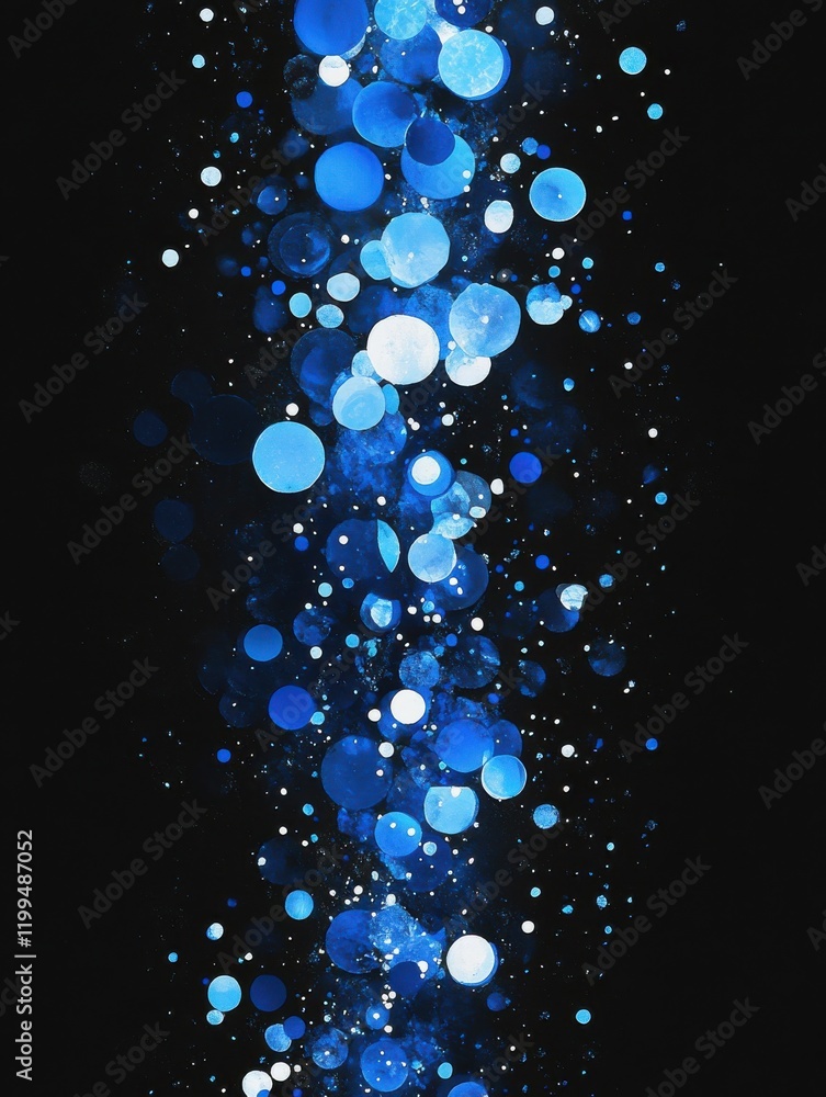 Poster beautiful abstract blue bokeh lights flowing vertically against a dark background, creating a mesmer