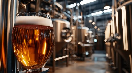 A glass of beer in a brewery with fermentation tanks, symbolizing craft and production.