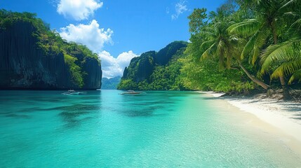 Obraz premium A serene tropical beach with clear turquoise waters, lush greenery, and rocky cliffs under a bright blue sky.
