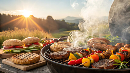 National bbq week celebration with grilled meats vegetables and sunset.