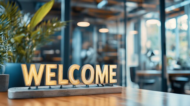 A 'welcome' sign on a desk symbolizes a friendly onboarding process in a modern office.