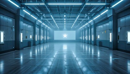 a modern corridor with a grid ceiling, bright fluorescent lighting, and a starburst projection