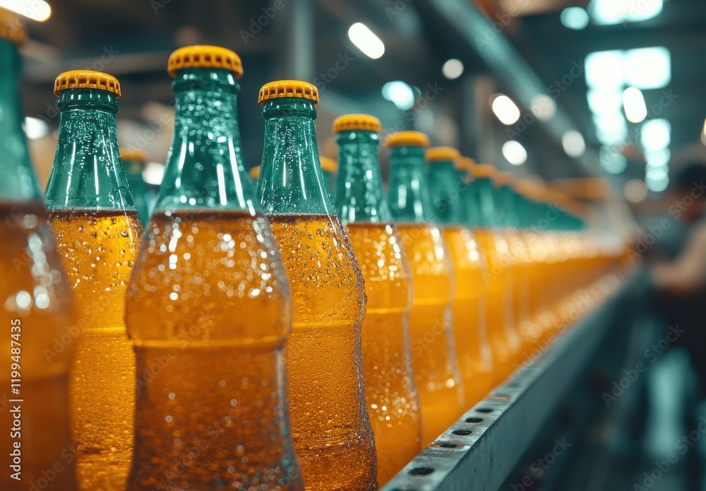 Aufkleber bottles of orange drink on a production line with bokeh background in a factory, showcasing refreshi