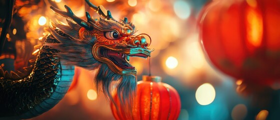 Colorful dragon decoration in a vibrant festival setting filled with lanterns and celebrations