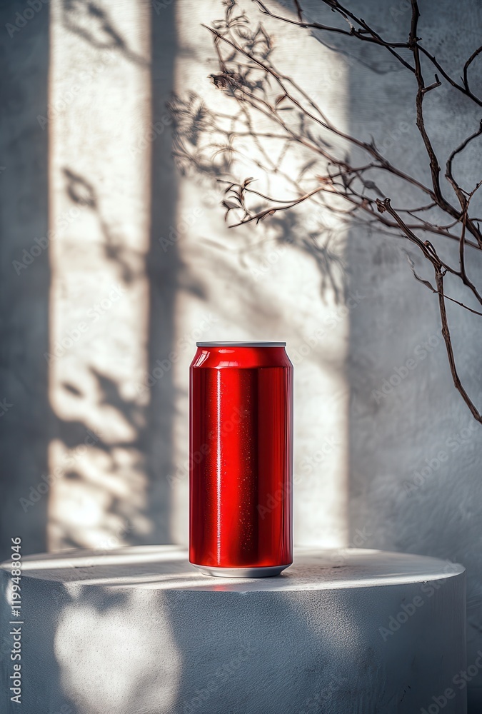 Aufkleber bright red aluminum can displayed on minimalist pedestal with artistic shadows from branches, captur