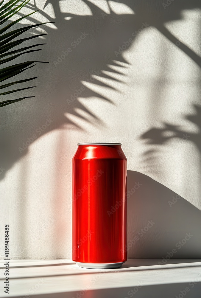 Poster bright red beverage can standing on a minimalist table with natural light and leafy shadows creating