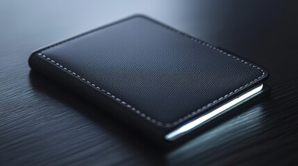 Closed black leather notebook on dark surface.