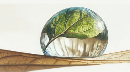 Obraz premium Micro shot close-up habitat exam droplet. A transparent sphere with a leaf inside rests on a delicate leaf, showcasing nature's beauty through reflection and transparency.
