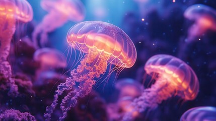 Ethereal jellyfish illuminate the ocean depths with vibrant colors, creating a mesmerizing underwater scene filled with wonder.