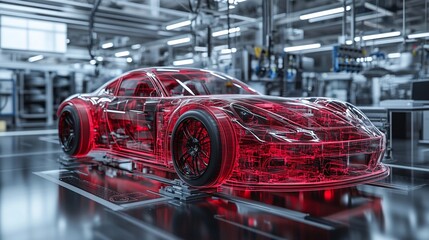 3D model of a car in a high-tech automotive production facility, with transparent design layers highlighting engineering and vehicle details.
