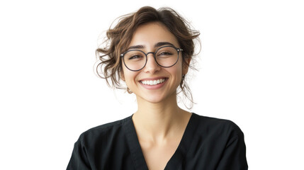 Fototapeta premium A cheerful young woman with curly hair and glasses, smiling warmly at the camera against a white isolate background.