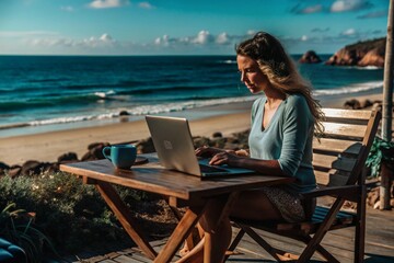 A young female freelance businessman is working on a laptop while on vacation by the sea or shopping in an online store.