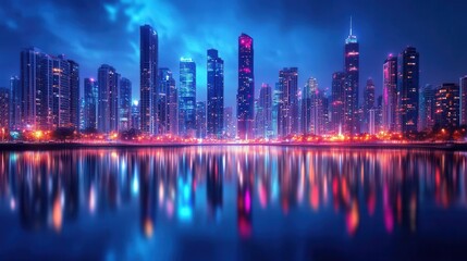 Fototapeta premium A stunning urban skyline at night, illuminated by vibrant lights reflecting on a calm river, showcasing modern architecture and a serene atmosphere.