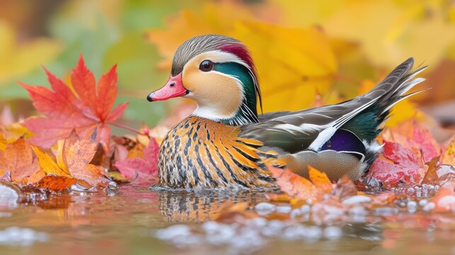Colorful mandarin duck swimming among autumn leaves in tranquil pond