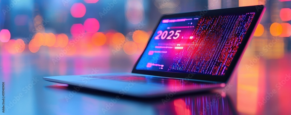 Poster a sleek laptop displaying a futuristic data visualization, emphasizing the year 2025 in a vibrant, i