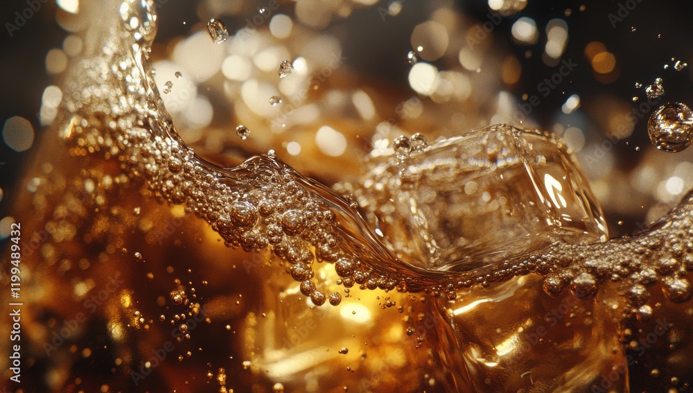 Poster bubbles rising in a refreshing glass of dark carbonated beverage with ice cubes and sparkling foam a