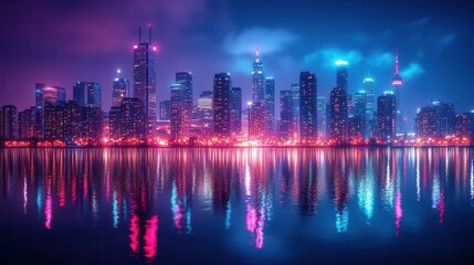A vibrant city skyline illuminated by colorful lights, reflected in water, creating a stunning night scene with a futuristic ambiance.