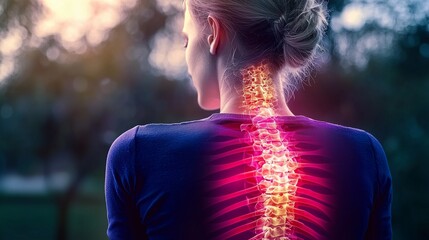 Woman with highlighted spine, symbolizing neck and back pain, indicating need for pain management.