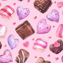 Seamless Delightful chocolate treats in colorful pattern on pink background