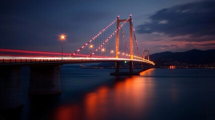 Nighttime traffic flow over a vibrant led-lit bridge cityscape long exposure photography urban environment landscape viewpoint concept of modern transportation