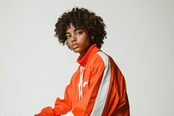Sporty youth in vibrant orange jacket exudes confidence and styl