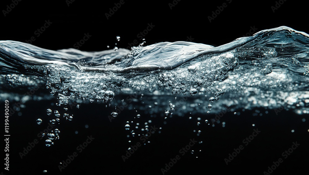Poster captivating close-up of bubbly water surface with dynamic light reflection and dark background highl