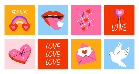 Set cards for Valentines Day in retro trendy style 90s. Romantic and love elements. Bright minimalist posters. Vector decor of print and postcards