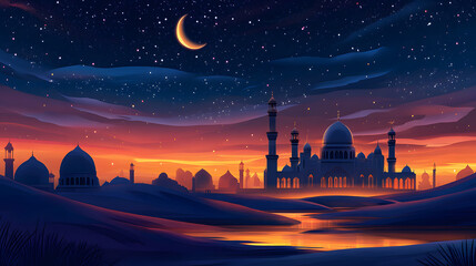 Ramadan Kareem background.Crescent moon at a top of a mosque.Islamic greeting  Eid Mubarak cards for Muslim Holidays.Eid-Ul-Adha festival celebration