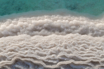 Salt formations on the shore of the Dead Sea in Israel.
