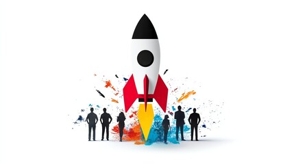 A rocket diagram with team members surrounding it, collaborative innovation concept, bold and colorful, isolated on white background
