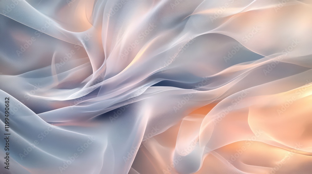 Poster abstract flowing mesh fabric with gentle gradient colors of pale blue and orange creating soft waves