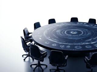 A roundtable discussion, futuristic digital interface overlay, professional setting, navy and silver, isolated on white background